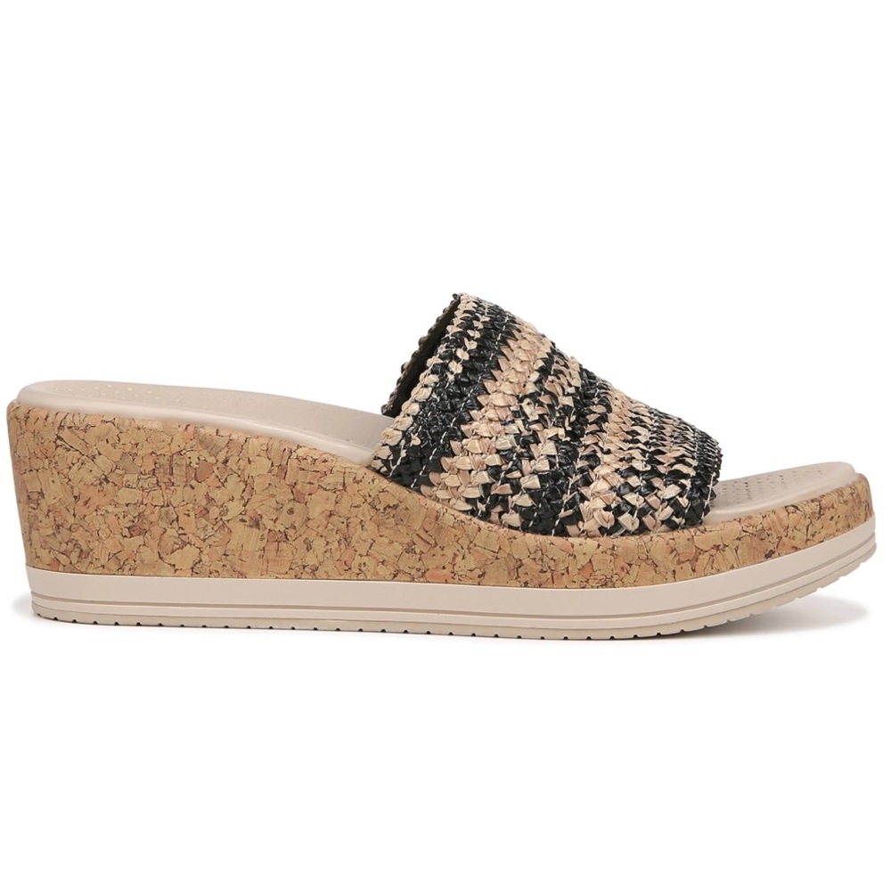 Bzees Runway Raffia Tan and Black Woven Platform Slide Sandals